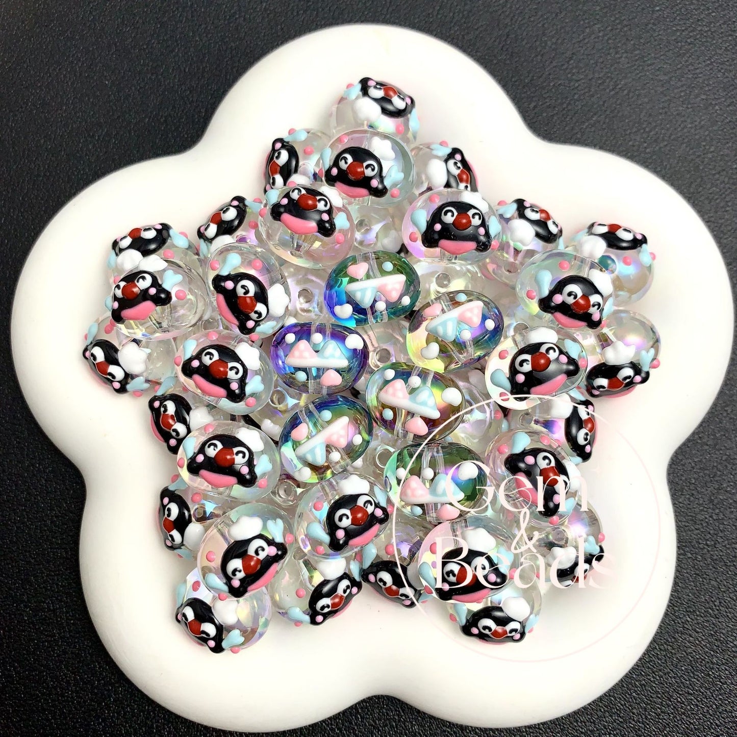 Transparent HK Kitty Pingu Painted Beads (5pcs)
