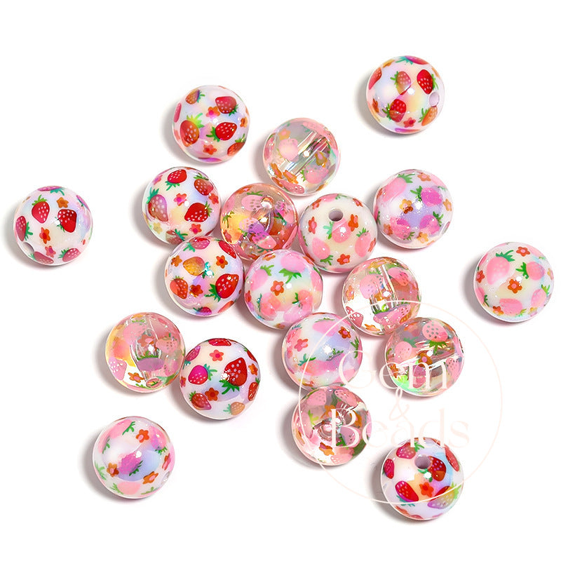Strawberry Print Milky Acrylic Beads  (100pcs)