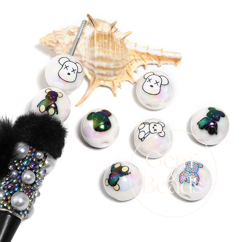 Cartoon Street Syle Bear Print Beads (100pcs)