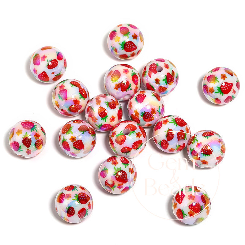 Strawberry Print Milky Acrylic Beads  (100pcs)