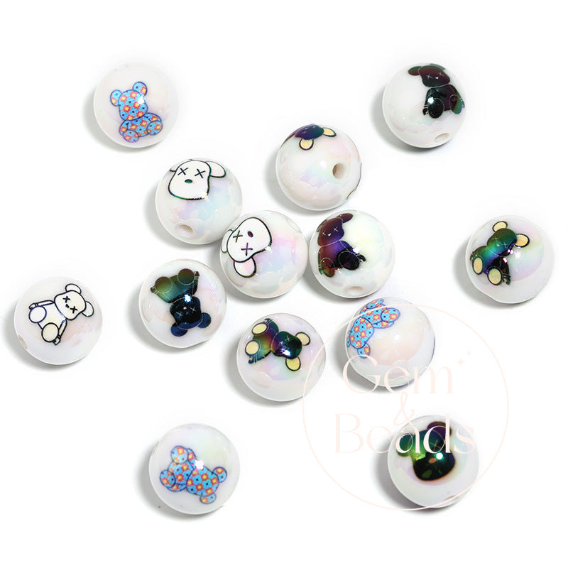 Cartoon Street Syle Bear Print Beads (100pcs)