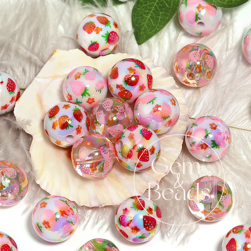 Strawberry Print Milky Acrylic Beads  (100pcs)