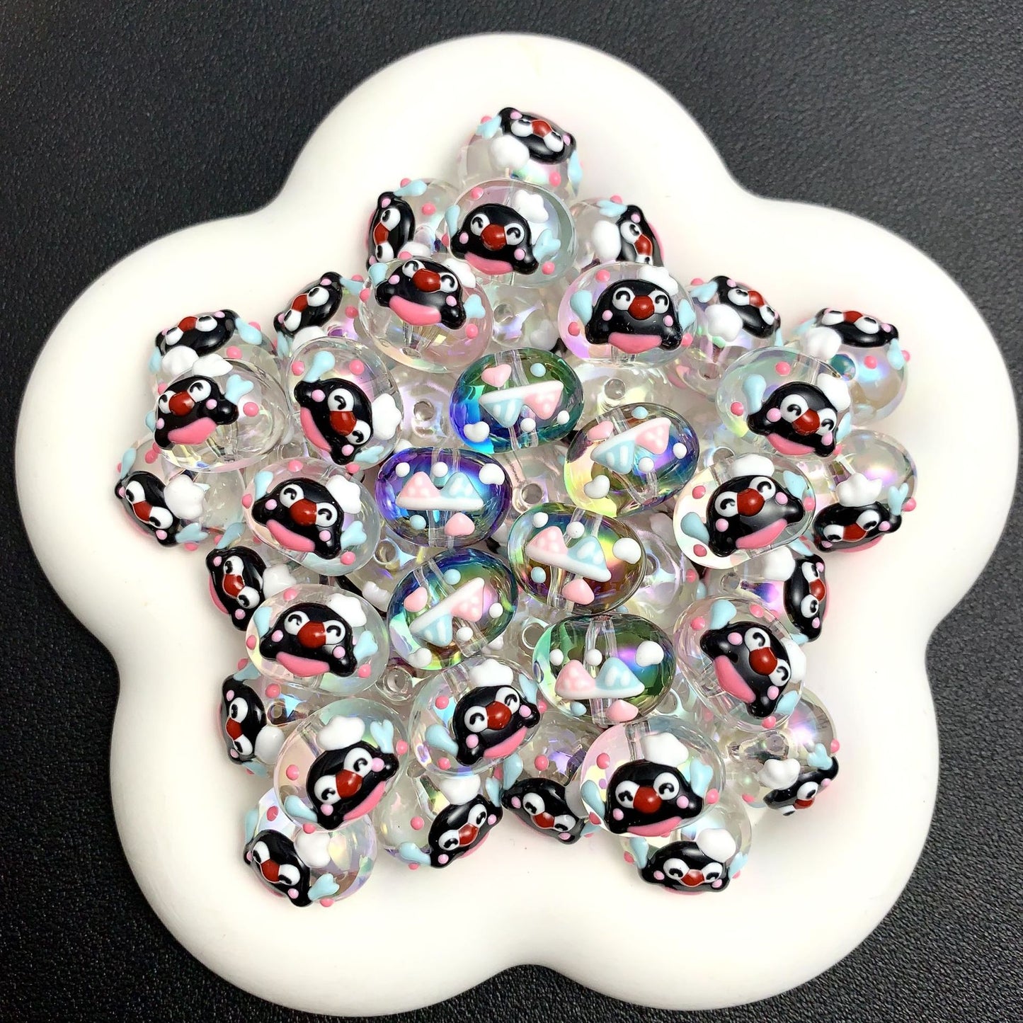 Transparent HK Kitty Pingu Painted Beads (5pcs)