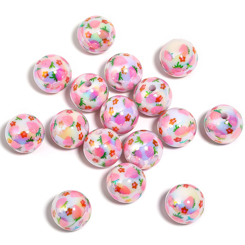 Strawberry Print Milky Acrylic Beads  (100pcs)