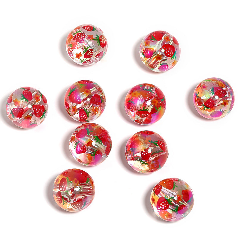 Strawberry Print Milky Acrylic Beads  (100pcs)