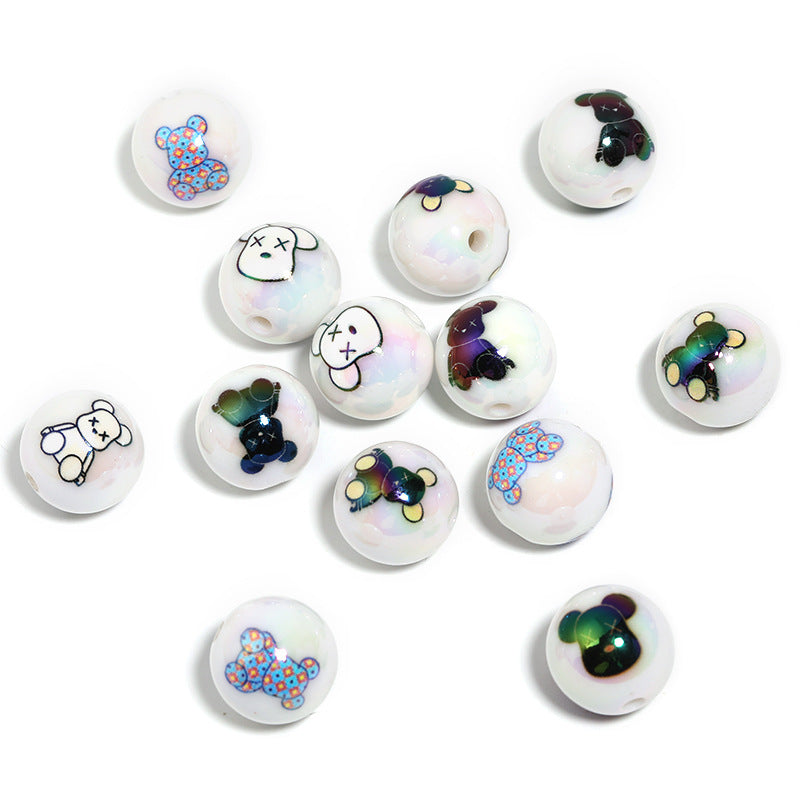 Cartoon Street Syle Bear Print Beads (100pcs)