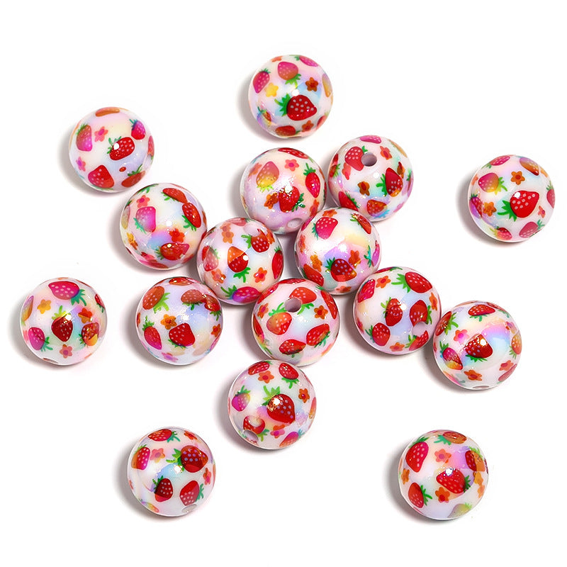 Strawberry Print Milky Acrylic Beads  (100pcs)