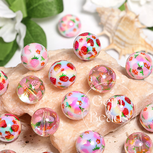 Strawberry Print Milky Acrylic Beads  (100pcs)
