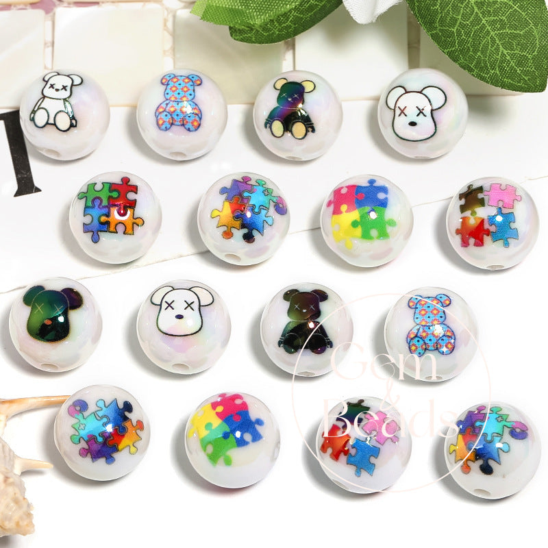 Cartoon Street Syle Bear Print Beads (100pcs)