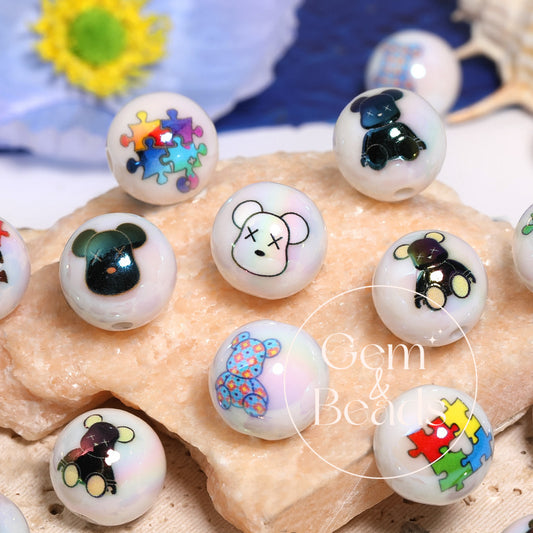 Cartoon Street Syle Bear Print Beads (100pcs)