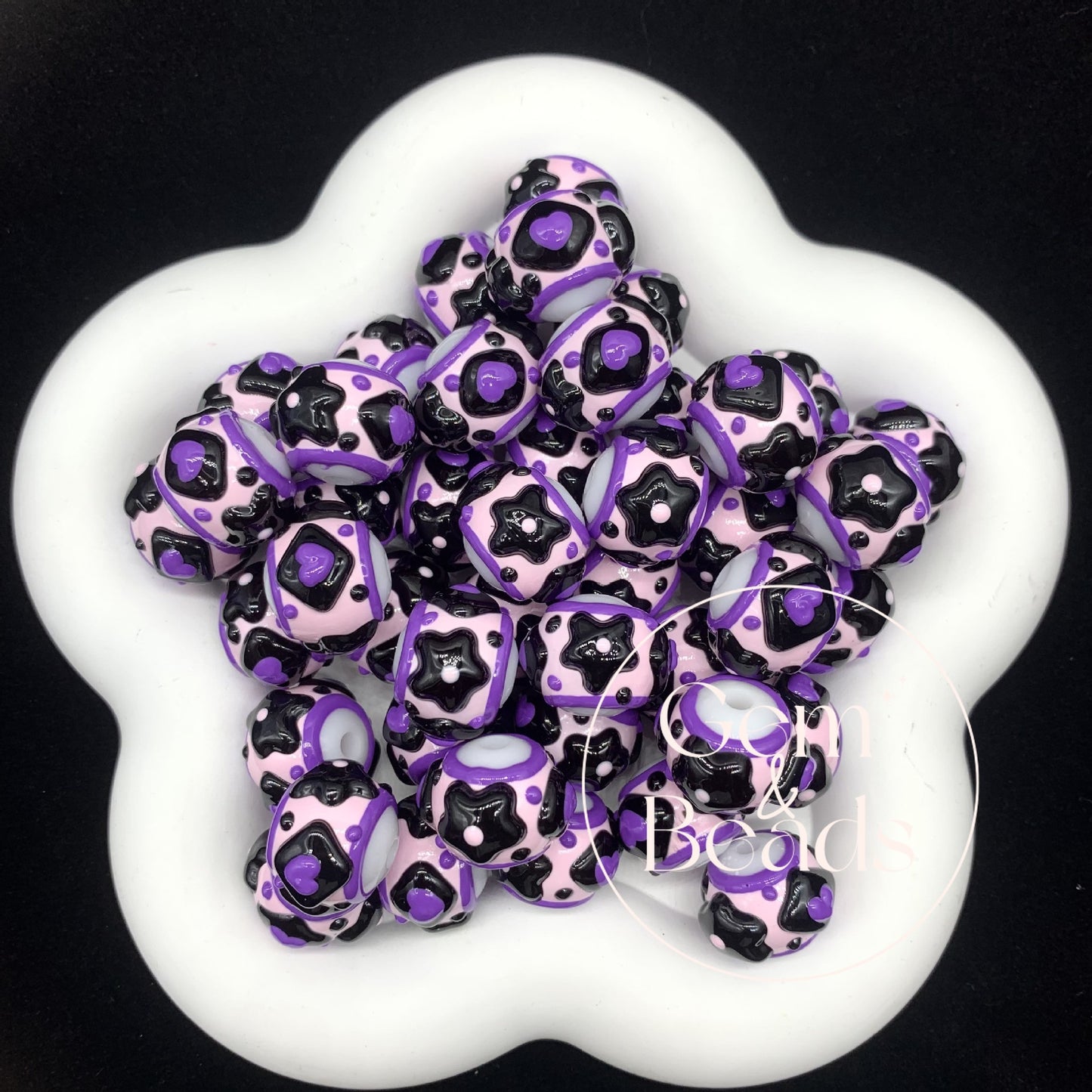 Purple Ribbon Hearts Hand Painted Round Beads (5pcs)