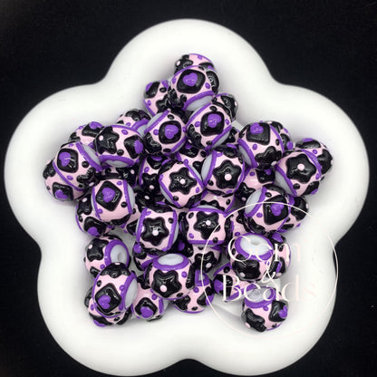 Purple Ribbon Hearts Hand Painted Round Beads (5pcs)