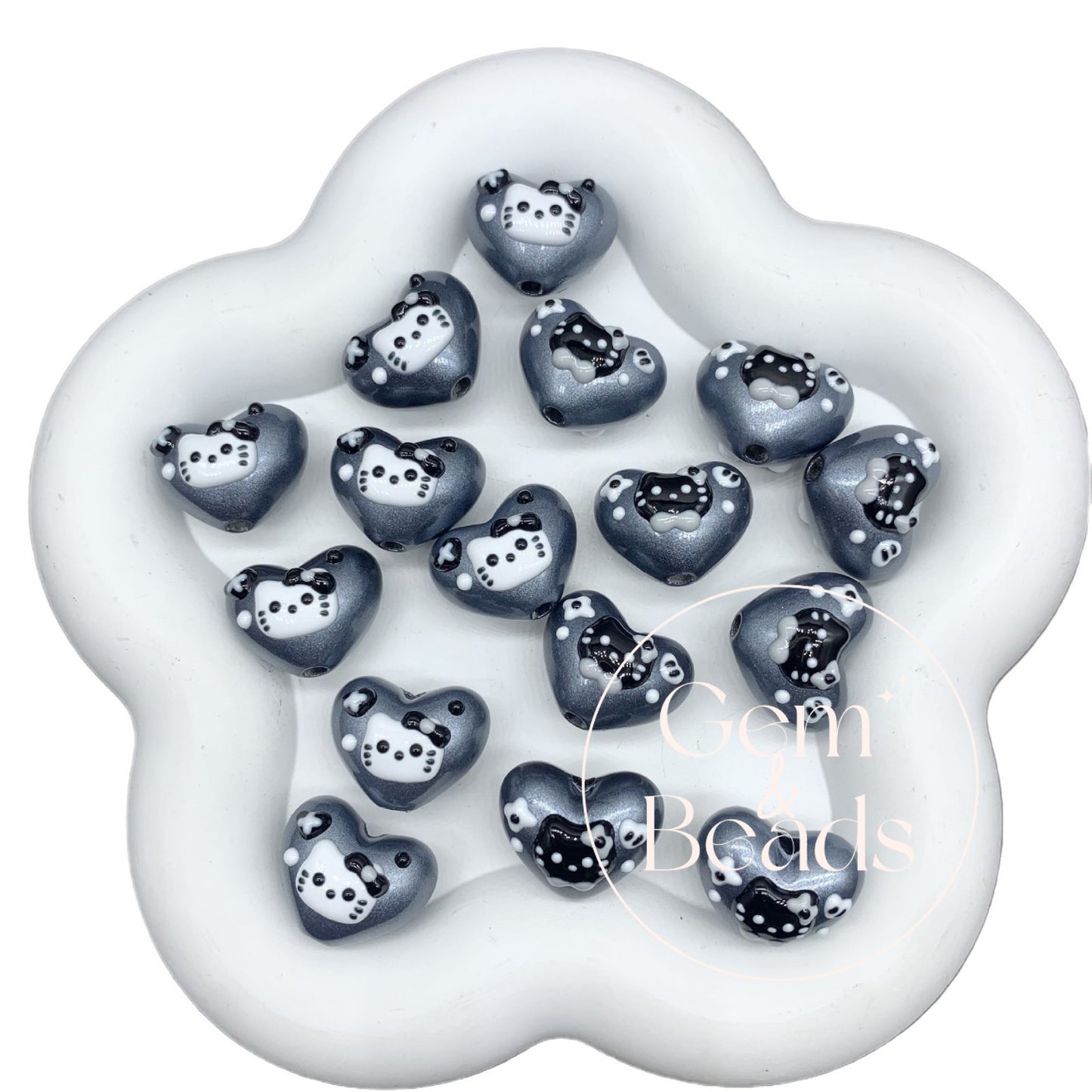 Metal Black HK Heart Painted Beads (5pcs)