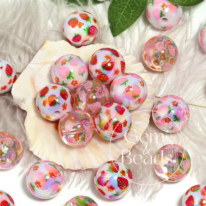 Strawberry Print Milky Acrylic Beads  (100pcs)
