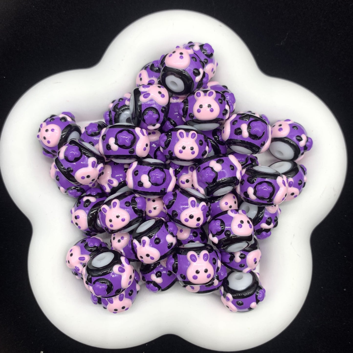 Purple Ribbon Hearts Hand Painted Round Beads (5pcs)