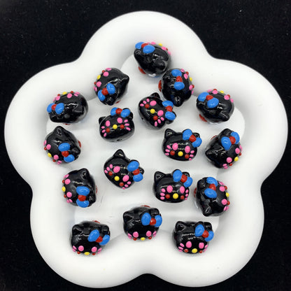 HK Kitty Black Painted Arcylic Beads (5pcs)