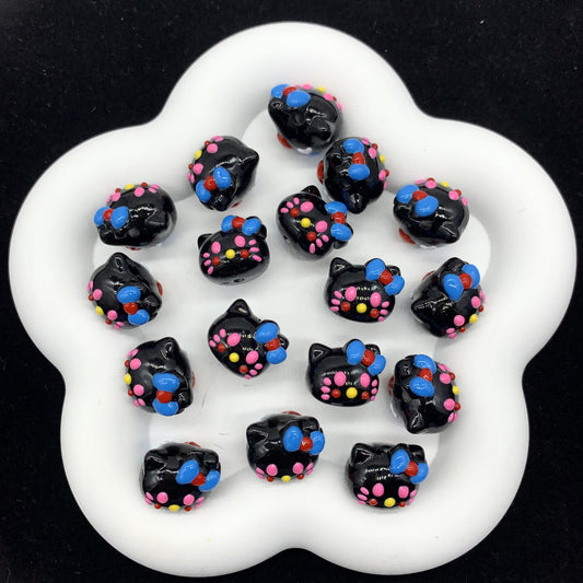 HK Kitty Black Painted Arcylic Beads (5pcs)