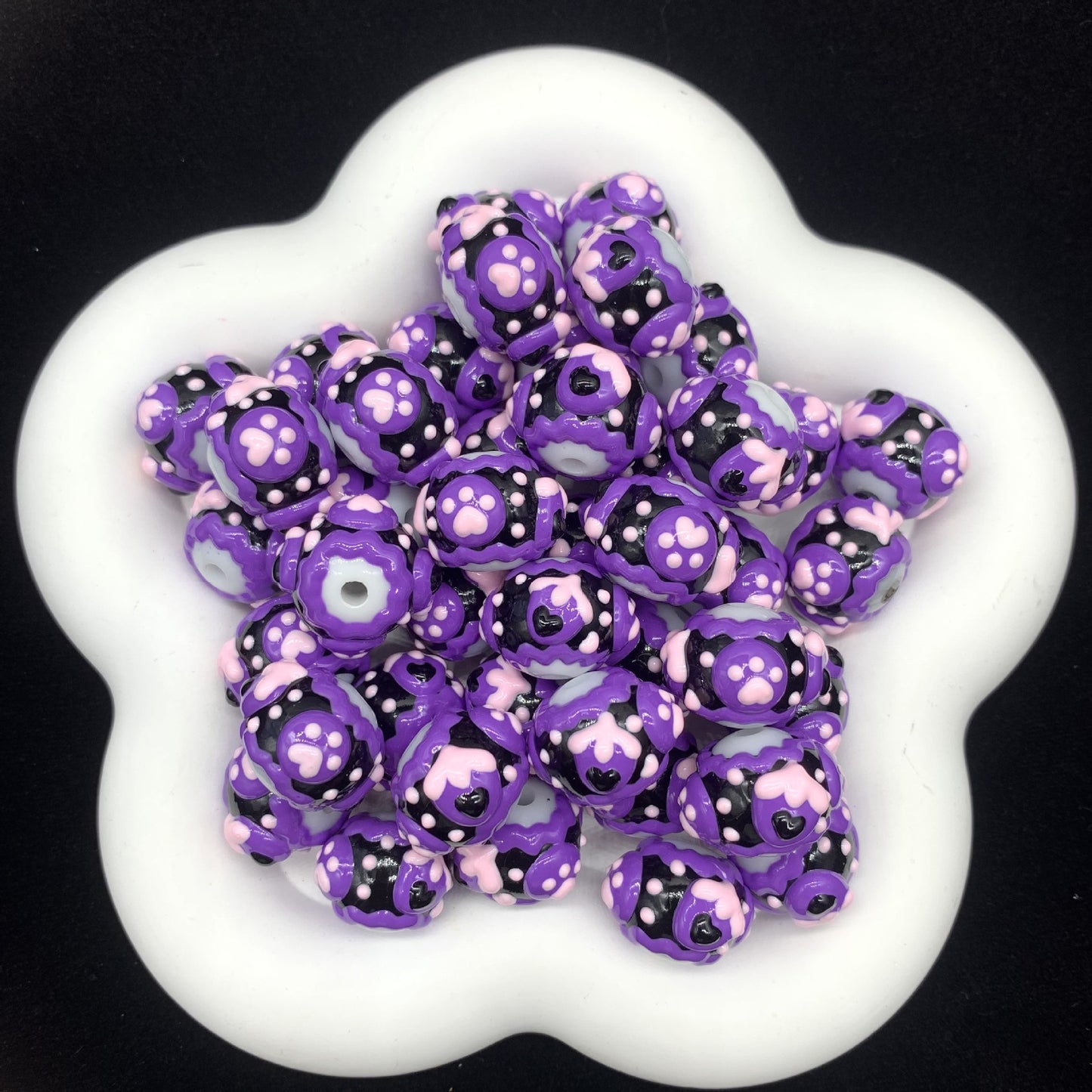 Purple Ribbon Hearts Hand Painted Round Beads (5pcs)