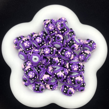 Purple Ribbon Hearts Hand Painted Round Beads (5pcs)