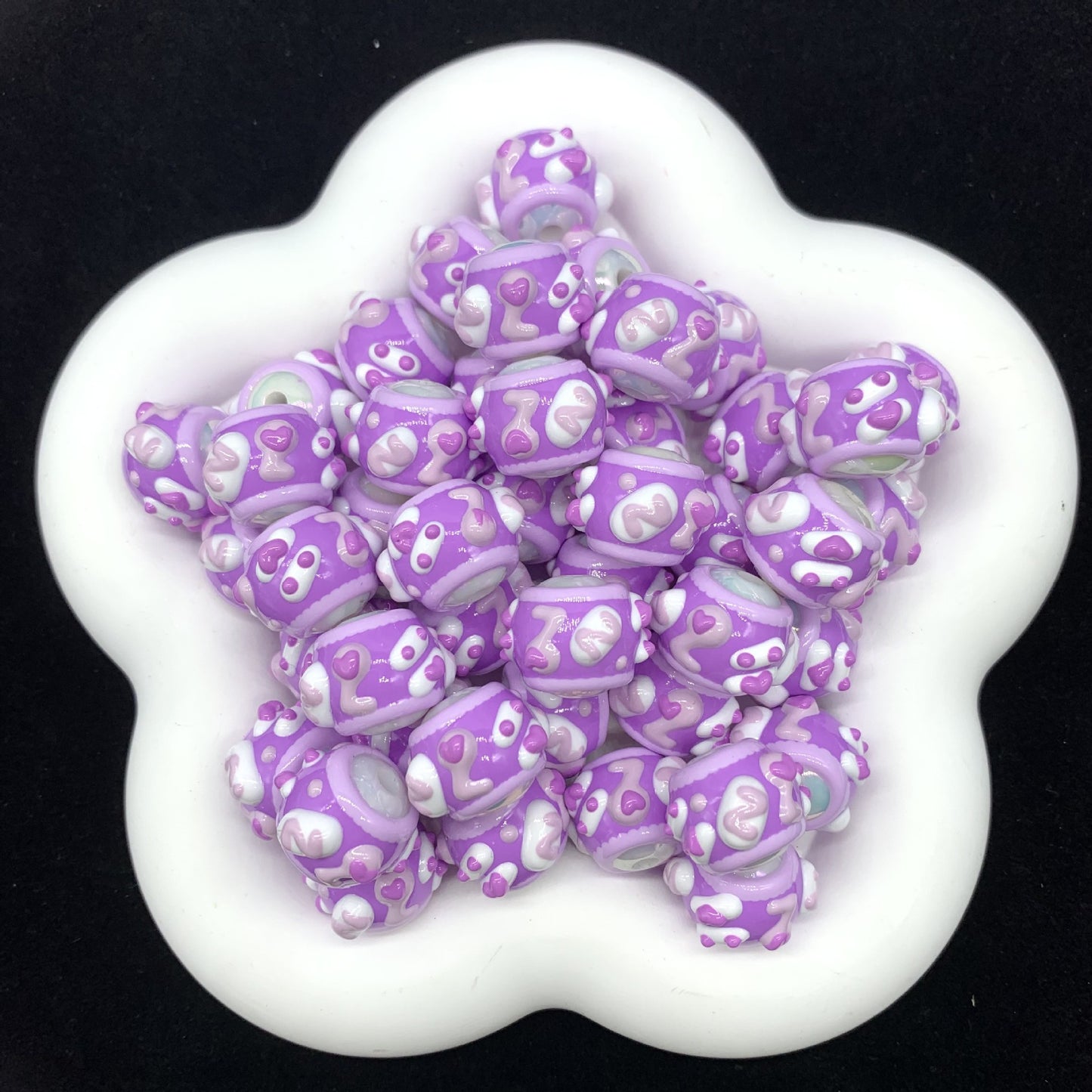 Pastel Purple Heart Cute Hand Painted Round Beads (5pcs)