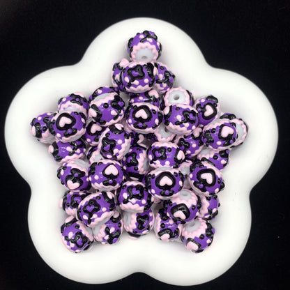 Purple Ribbon Hearts Hand Painted Round Beads (5pcs)