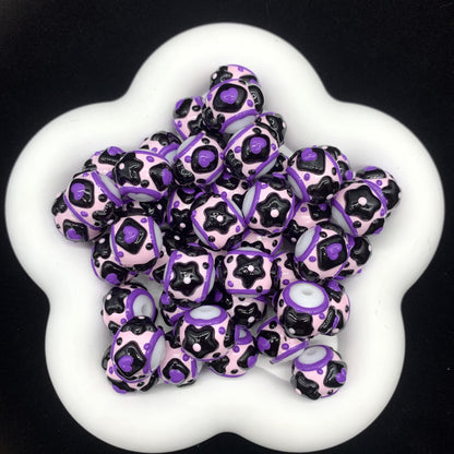 Purple Ribbon Hearts Hand Painted Round Beads (5pcs)