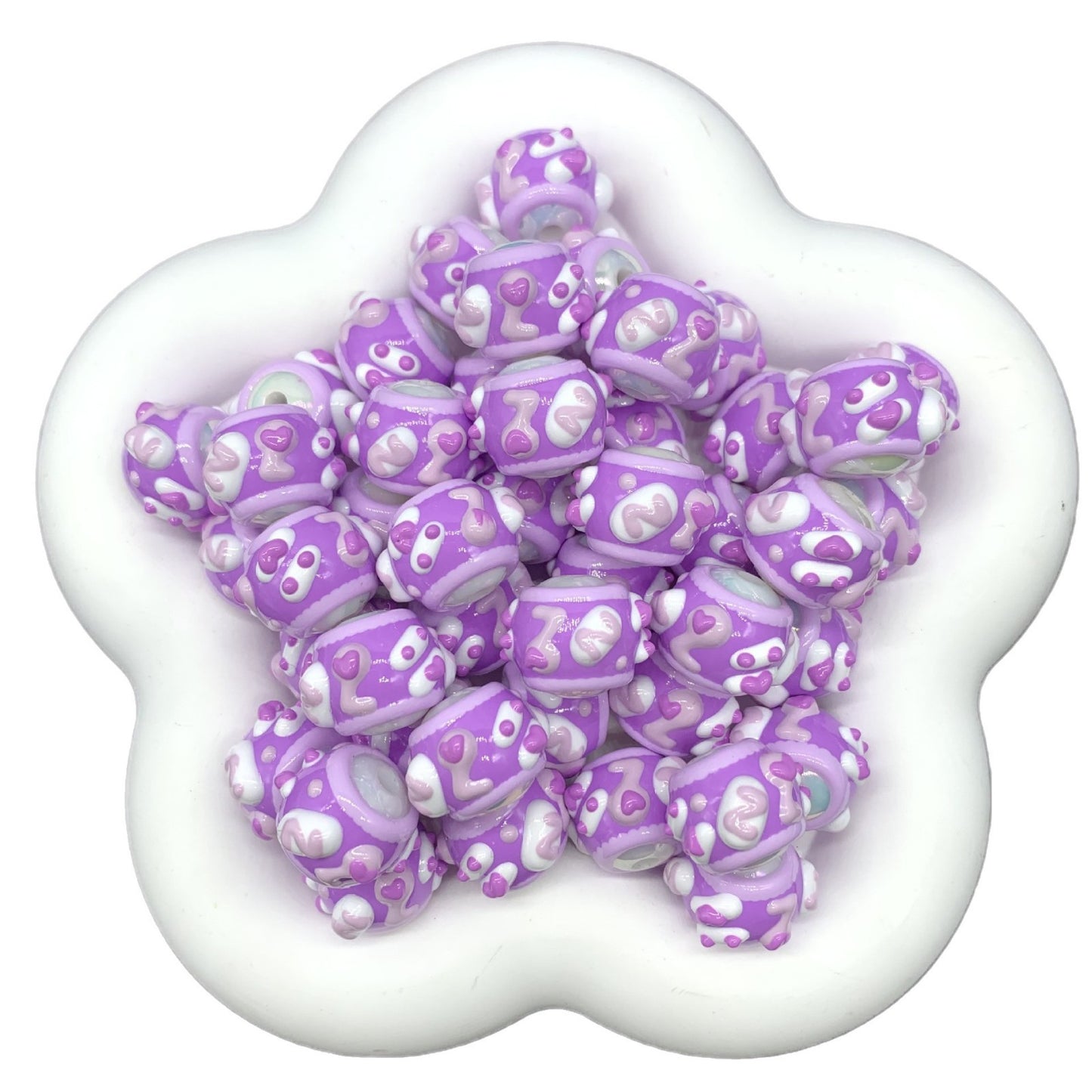 Pastel Purple Heart Cute Hand Painted Round Beads (5pcs)