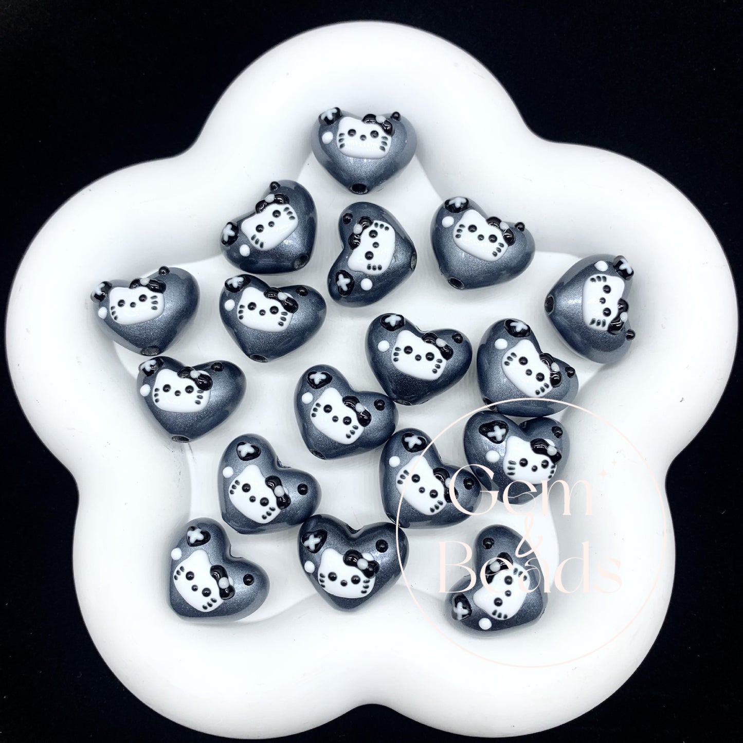 Metal Black HK Heart Painted Beads (5pcs)