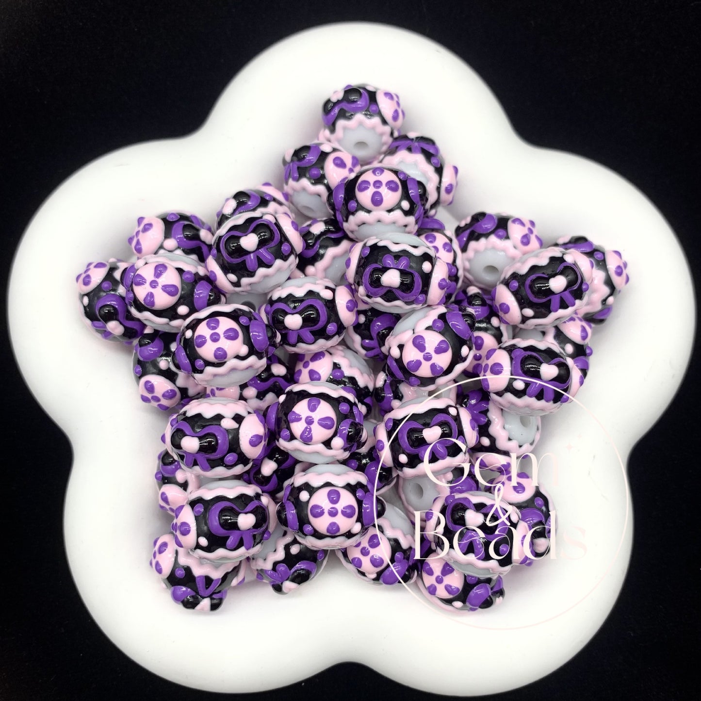 Purple Ribbon Hearts Hand Painted Round Beads (5pcs)