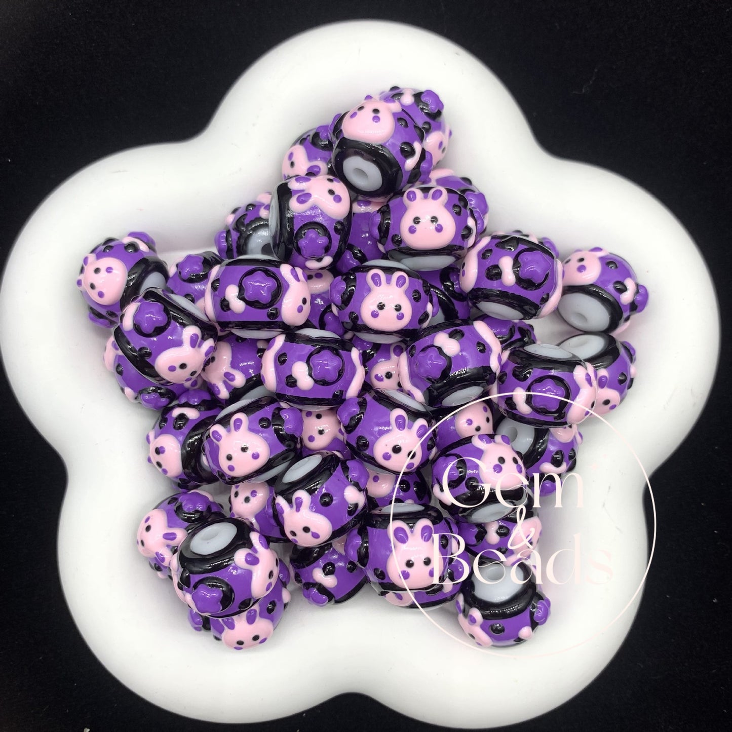 Purple Ribbon Hearts Hand Painted Round Beads (5pcs)