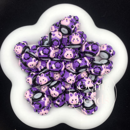 Purple Ribbon Hearts Hand Painted Round Beads (5pcs)